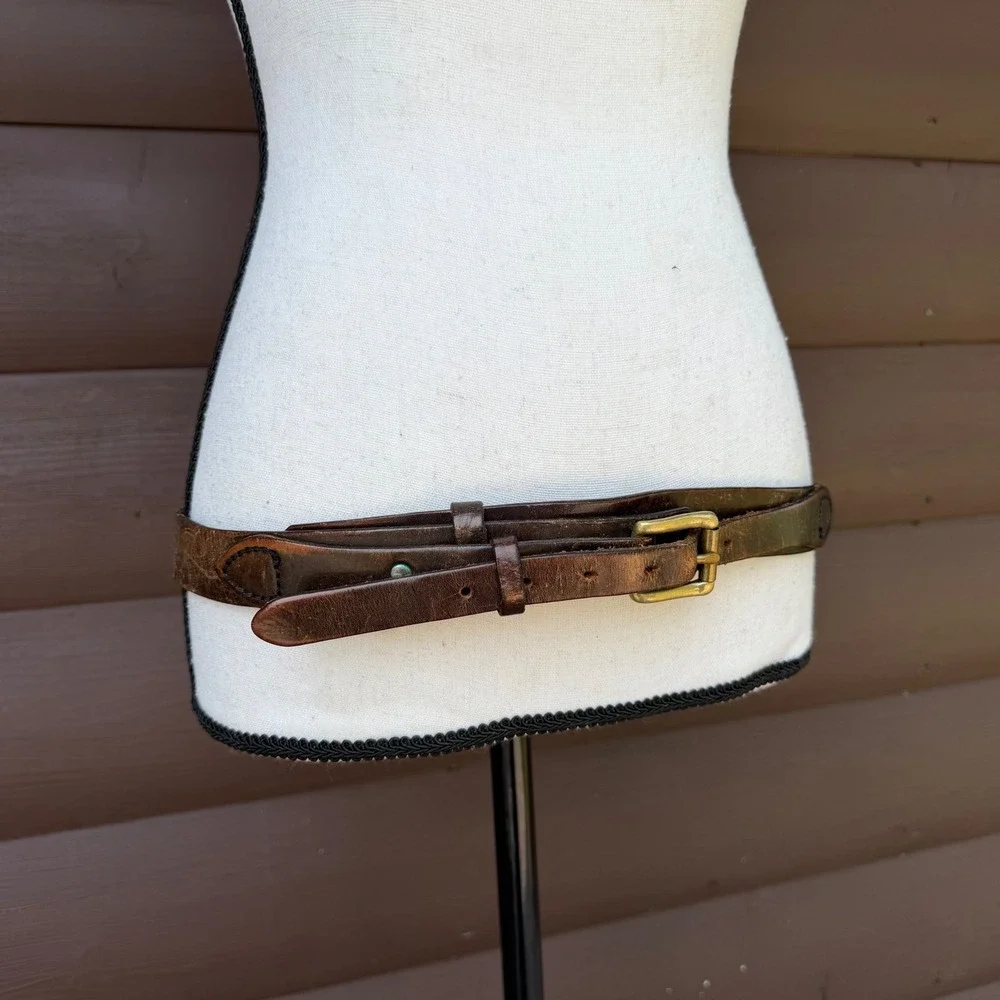 Vintage Distressed Leather Double Strap Belt Unisex Brown Brass Hardware 33-39